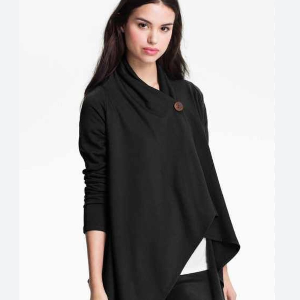 Bobeau Black One Button Cross Over Drape Cardigan Sweater Petite Small